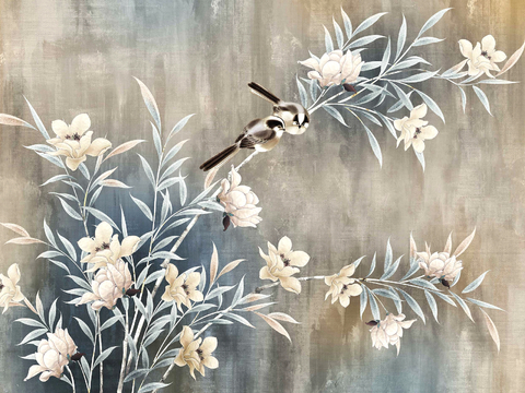  新中式壁纸壁画壁布墙纸墙布云海山水字画花鸟仙鹤荷花花鸟建筑背 