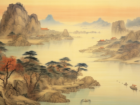  新中式壁纸壁画壁布墙纸墙布云海山水字画花鸟仙鹤荷花花鸟建筑背 