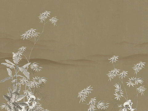 新中式壁纸壁画壁布墙纸墙布云海山水字画花鸟仙鹤荷花花鸟建筑背