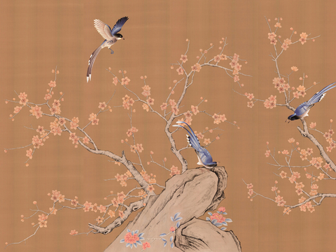  新中式壁纸壁画壁布墙纸墙布云海山水字画花鸟仙鹤荷花花鸟建筑背 