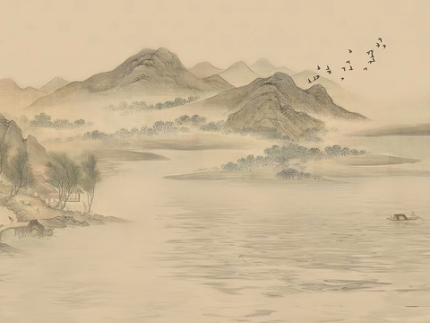 新中式壁纸壁画壁布墙纸墙布云海山水字画花鸟仙鹤荷花花鸟建筑背