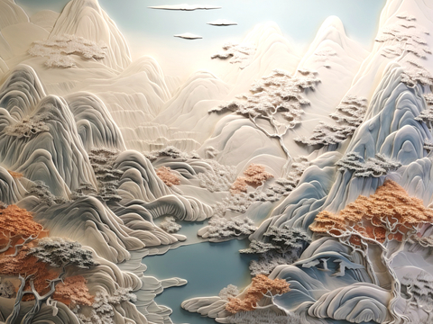 新中式壁纸壁画壁布墙纸墙布云海山水字画花鸟仙鹤荷花花鸟建筑背