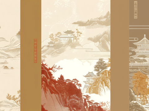  新中式壁纸壁画壁布墙纸墙布云海山水字画花鸟仙鹤荷花花鸟建筑背 