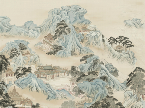  新中式壁纸壁画壁布墙纸墙布云海山水字画花鸟仙鹤荷花花鸟建筑背 