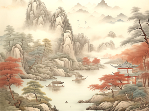 新中式壁纸壁画壁布墙纸墙布云海山水字画花鸟仙鹤荷花花鸟建筑背