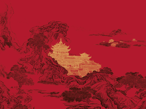 新中式壁纸壁画壁布墙纸墙布云海山水字画花鸟仙鹤荷花花鸟建筑背