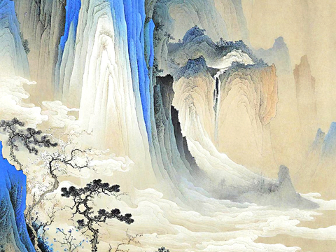  新中式壁纸壁画壁布墙纸墙布云海山水字画花鸟仙鹤荷花花鸟建筑背 