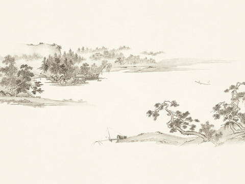 新中式壁纸壁画壁布墙纸墙布云海山水字画花鸟仙鹤荷花花鸟建筑背