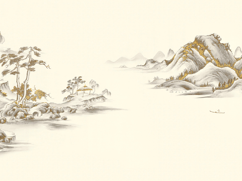 新中式壁纸壁画壁布墙纸墙布云海山水字画花鸟仙鹤荷花花鸟建筑背