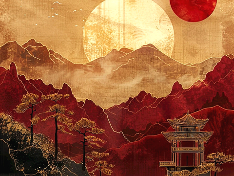  新中式壁纸壁画壁布墙纸墙布云海山水字画花鸟仙鹤荷花花鸟建筑背 