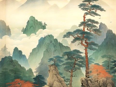 新中式壁纸壁画壁布墙纸墙布云海山水字画花鸟仙鹤荷花花鸟建筑背