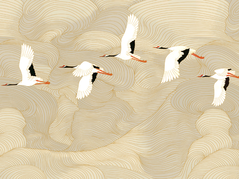  新中式壁纸壁画壁布墙纸墙布云海山水字画花鸟仙鹤荷花花鸟建筑背 