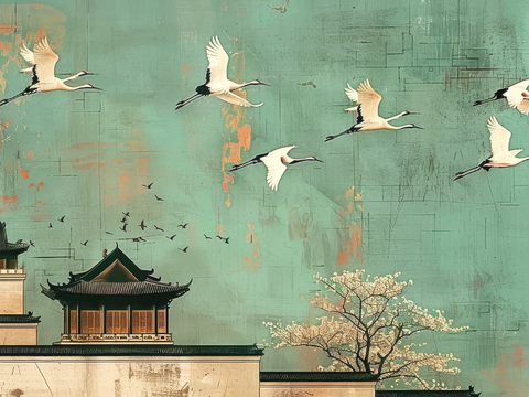  新中式壁纸壁画壁布墙纸墙布云海山水字画花鸟仙鹤荷花花鸟建筑背 