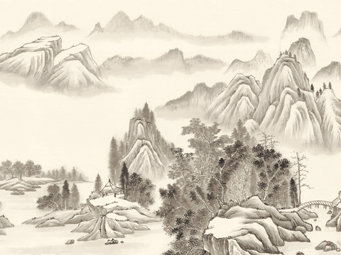 新中式壁纸壁画壁布墙纸墙布云海山水字画花鸟仙鹤荷花花鸟建筑背