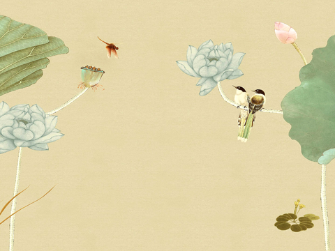  新中式壁纸壁画壁布墙纸墙布云海山水字画花鸟仙鹤荷花花鸟建筑背 
