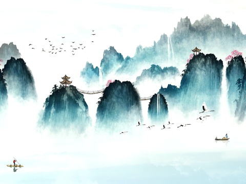  新中式壁纸壁画壁布墙纸墙布云海山水字画花鸟仙鹤荷花花鸟建筑背 