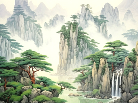  新中式壁纸壁画壁布墙纸墙布云海山水字画花鸟仙鹤荷花花鸟建筑背 