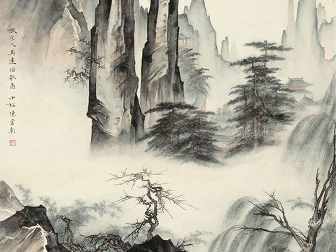  新中式壁纸壁画壁布墙纸墙布云海山水字画花鸟仙鹤荷花花鸟建筑背 