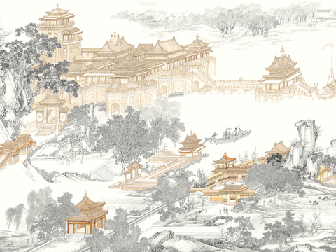  新中式壁纸壁画壁布墙纸墙布云海山水字画花鸟仙鹤荷花花鸟建筑背 