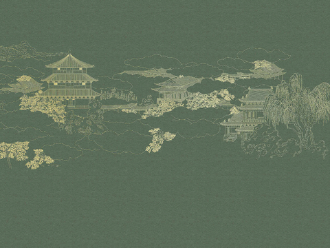  新中式壁纸壁画壁布墙纸墙布云海山水字画花鸟仙鹤荷花花鸟建筑背 