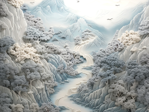 新中式壁纸壁画壁布墙纸墙布云海山水字画花鸟仙鹤荷花花鸟建筑背