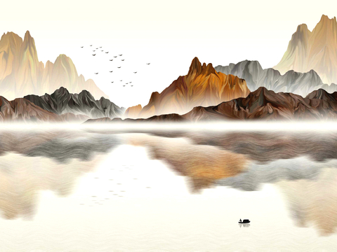 新中式壁纸壁画壁布墙纸墙布云海山水字画花鸟仙鹤荷花花鸟建筑背