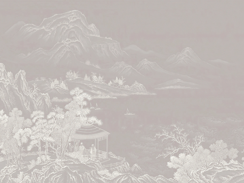  新中式壁纸壁画壁布墙纸墙布云海山水字画花鸟仙鹤荷花花鸟建筑背 