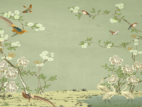  新中式壁纸壁画壁布墙纸墙布云海山水字画花鸟仙鹤荷花花鸟建筑背 