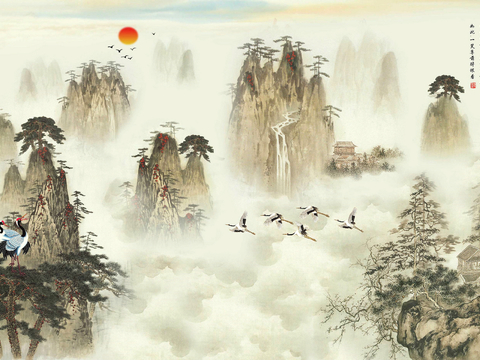  新中式壁纸壁画壁布墙纸墙布云海山水字画花鸟仙鹤荷花花鸟建筑背 