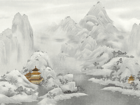  新中式壁纸壁画壁布墙纸墙布云海山水字画花鸟仙鹤荷花花鸟建筑背 