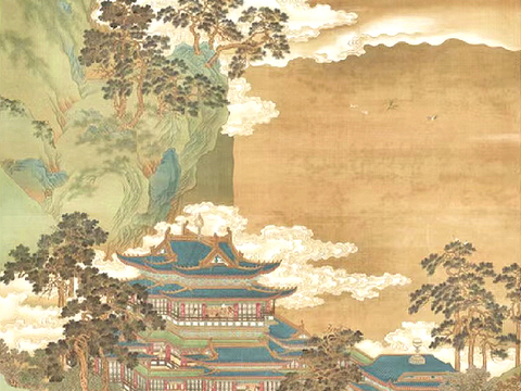 新中式壁纸壁画壁布墙纸墙布云海山水字画花鸟仙鹤荷花花鸟建筑背 