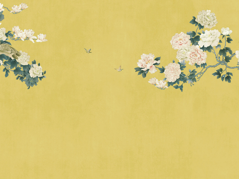  新中式壁纸壁画壁布墙纸墙布云海山水字画花鸟仙鹤荷花花鸟建筑背 