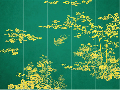  新中式壁纸壁画壁布墙纸墙布云海山水字画花鸟仙鹤荷花花鸟建筑背 