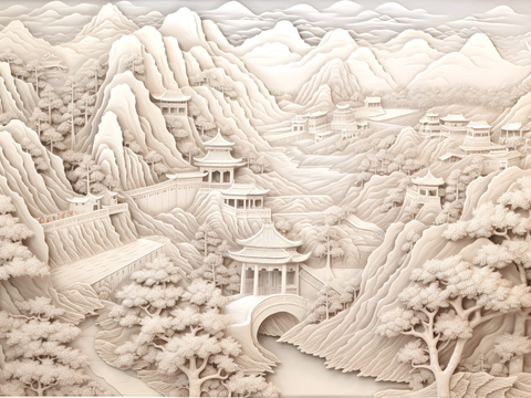  新中式壁纸壁画壁布墙纸墙布云海山水字画花鸟仙鹤荷花花鸟建筑背 