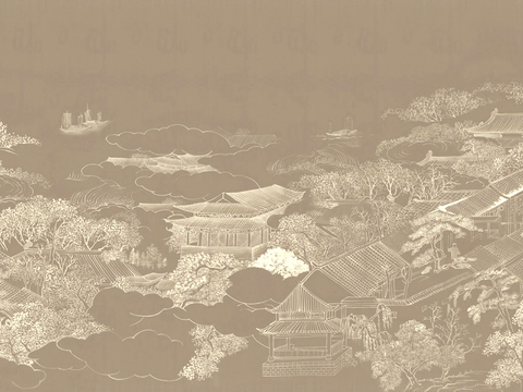  新中式壁纸壁画壁布墙纸墙布云海山水字画花鸟仙鹤荷花花鸟建筑背 