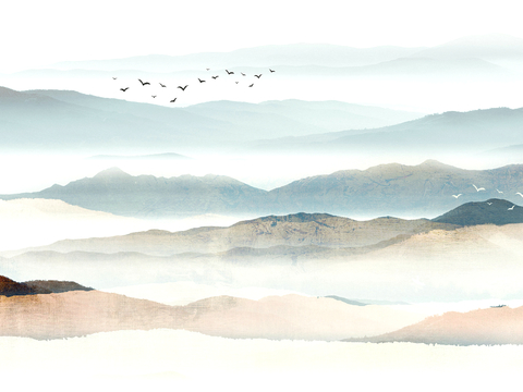  新中式壁纸壁画壁布墙纸墙布云海山水字画花鸟仙鹤荷花花鸟建筑背 