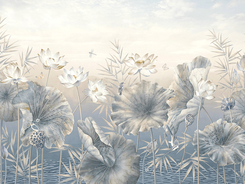  新中式壁纸壁画壁布墙纸墙布云海山水字画花鸟仙鹤荷花花鸟建筑背 