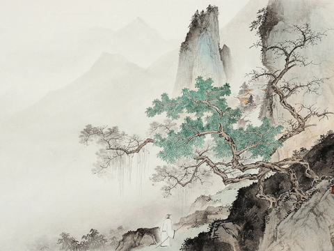  新中式壁纸壁画壁布墙纸墙布云海山水字画花鸟仙鹤荷花花鸟建筑背 