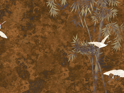  新中式壁纸壁画壁布墙纸墙布云海山水字画花鸟仙鹤荷花花鸟建筑背 