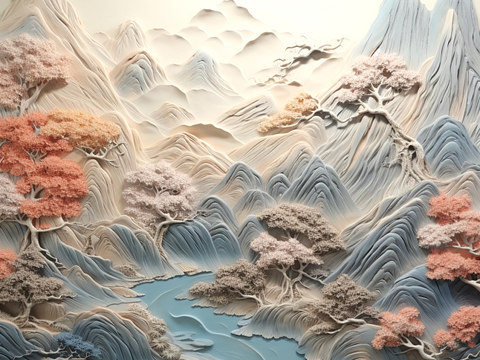 新中式壁纸壁画壁布墙纸墙布云海山水字画花鸟仙鹤荷花花鸟建筑背