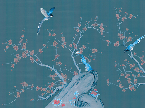  新中式壁纸壁画壁布墙纸墙布云海山水字画花鸟仙鹤荷花花鸟建筑背 