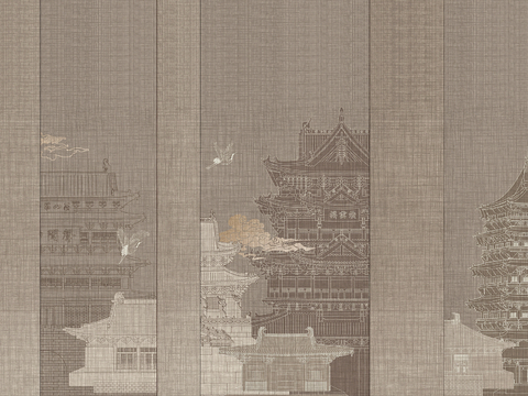  新中式壁纸壁画壁布墙纸墙布云海山水字画花鸟仙鹤荷花花鸟建筑背 