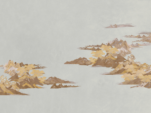  新中式壁纸壁画壁布墙纸墙布云海山水字画花鸟仙鹤荷花花鸟建筑背 