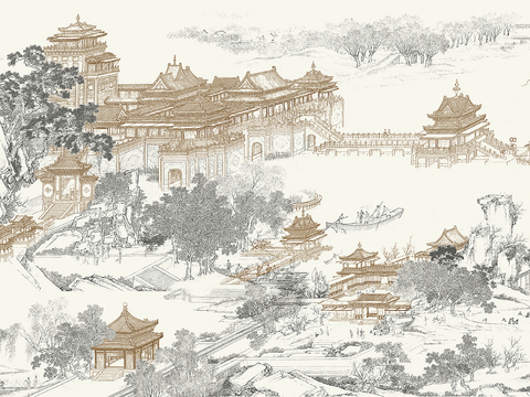  新中式壁纸壁画壁布墙纸墙布云海山水字画花鸟仙鹤荷花花鸟建筑背 