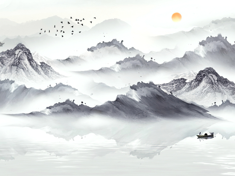  新中式壁纸壁画壁布墙纸墙布云海山水字画花鸟仙鹤荷花花鸟建筑背 