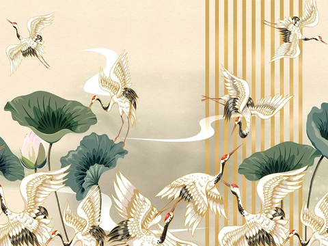  新中式壁纸壁画壁布墙纸墙布云海山水字画花鸟仙鹤荷花花鸟建筑背 