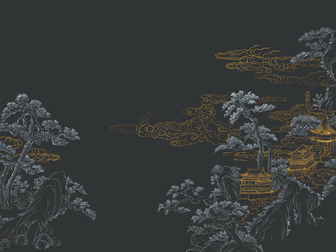  新中式壁纸壁画壁布墙纸墙布云海山水字画花鸟仙鹤荷花花鸟建筑背 