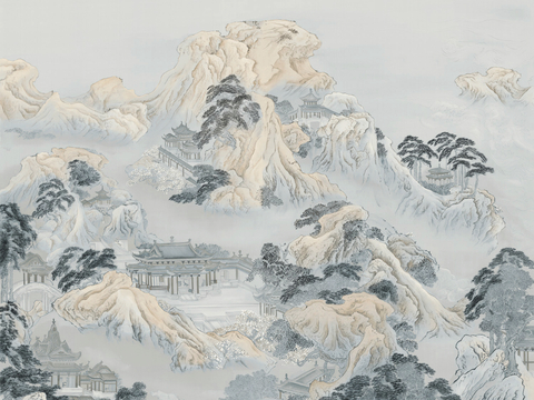  新中式壁纸壁画壁布墙纸墙布云海山水字画花鸟仙鹤荷花花鸟建筑背 