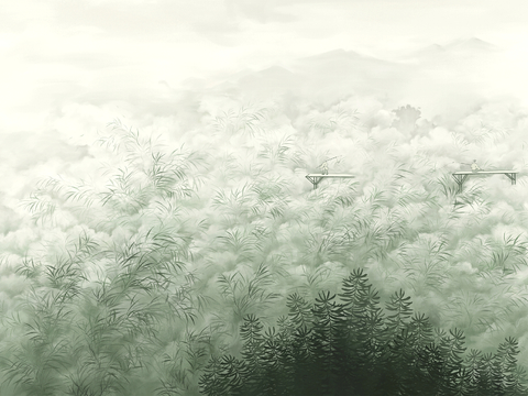  新中式壁纸壁画壁布墙纸墙布云海山水字画花鸟仙鹤荷花花鸟建筑背 