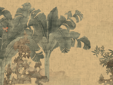  新中式壁纸壁画壁布墙纸墙布云海山水字画花鸟仙鹤荷花花鸟建筑背 